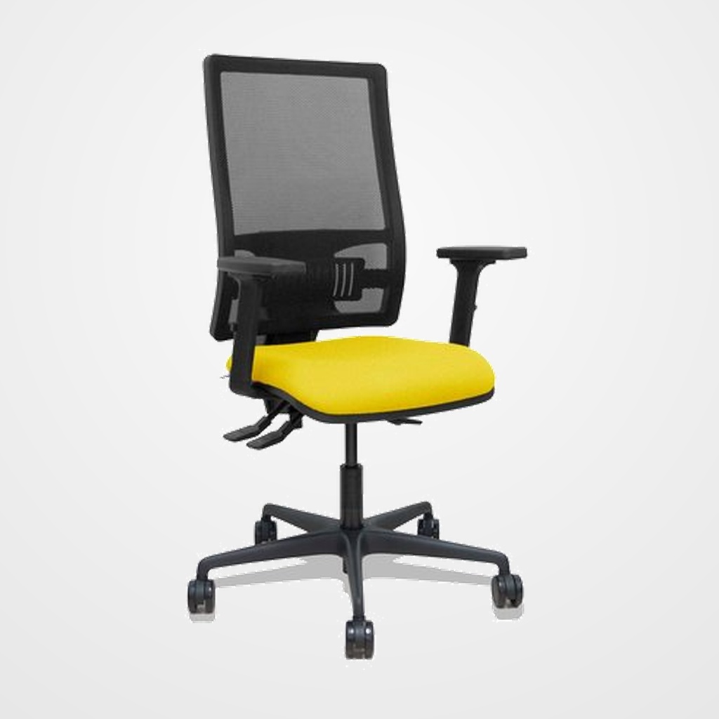SILLA PIQUERAS Y CRESPO BORMATE BRAZOS 2D Y APOYO LUMBAR REGULABLES MECANISMO ASINCRO RUEDAS NYLON de 65 RESPALDO DE MALLA NEGRA Y ASIENTO TAPIZADO BALI AMARILLO