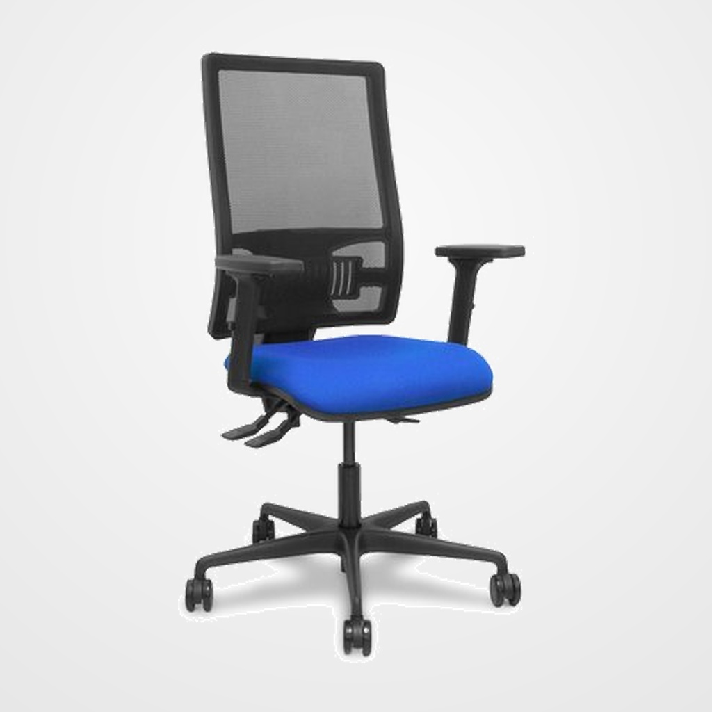 SILLA PIQUERAS Y CRESPO BORMATE BRAZOS 2D Y APOYO LUMBAR REGULABLES MECANISMO ASINCRO RUEDAS NYLON de 65 RESPALDO DE MALLA NEGRA Y ASIENTO TAPIZADO BALI AZUL