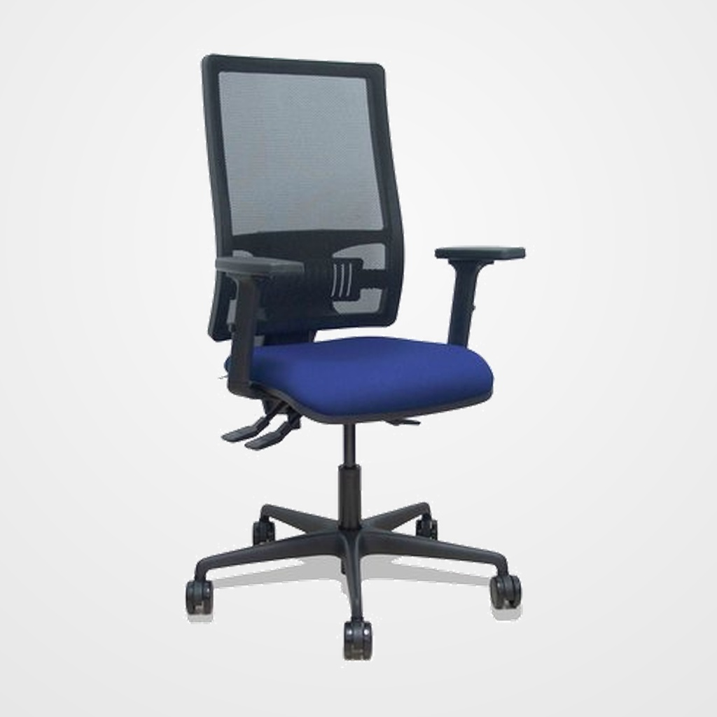 SILLA PIQUERAS Y CRESPO BORMATE BRAZOS 2D Y APOYO LUMBAR REGULABLES MECANISMO ASINCRO RUEDAS NYLON de 65 RESPALDO DE MALLA NEGRA Y ASIENTO TAPIZADO BALI AZUL MARINO
