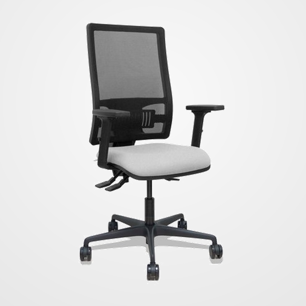 SILLA PIQUERAS Y CRESPO BORMATE BRAZOS 2D Y APOYO LUMBAR REGULABLES MECANISMO ASINCRO RUEDAS NYLON de 65 RESPALDO DE MALLA NEGRA Y ASIENTO TAPIZADO BALI GRIS CLARO