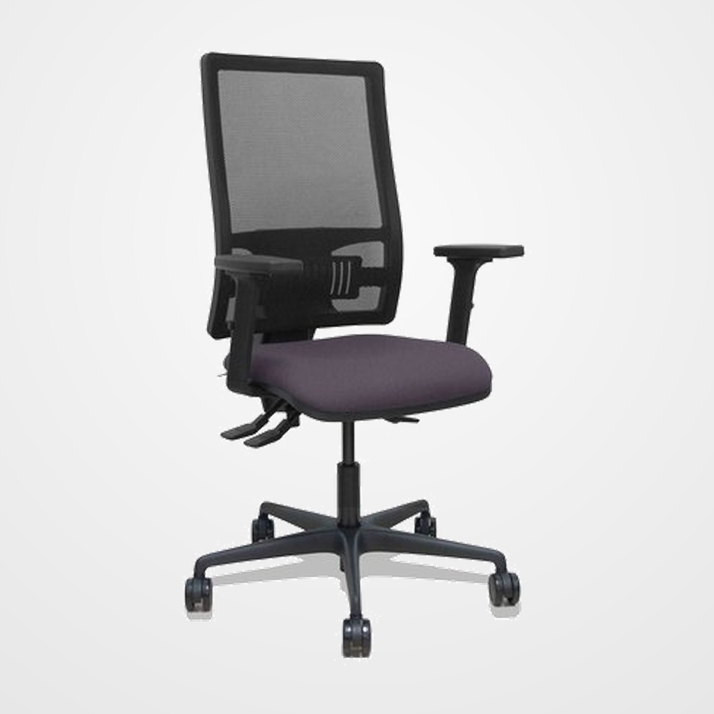 SILLA PIQUERAS Y CRESPO BORMATE BRAZOS 2D Y APOYO LUMBAR REGULABLES MECANISMO ASINCRO RUEDAS NYLON de 65 RESPALDO DE MALLA NEGRA Y ASIENTO TAPIZADO BALI GRIS OSCURO