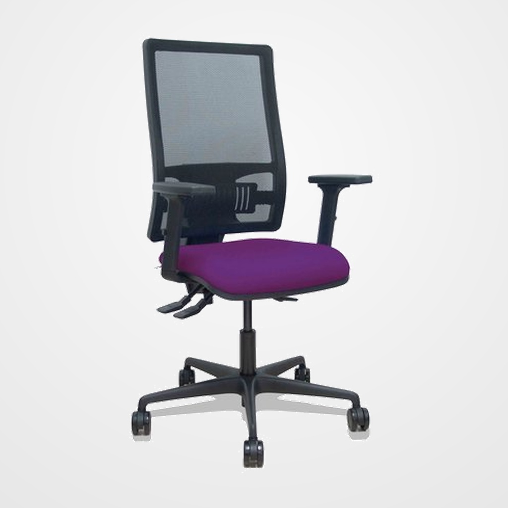 SILLA PIQUERAS Y CRESPO BORMATE BRAZOS 2D Y APOYO LUMBAR REGULABLES MECANISMO ASINCRO RUEDAS NYLON de 65 RESPALDO DE MALLA NEGRA Y ASIENTO TAPIZADO BALI MORADO