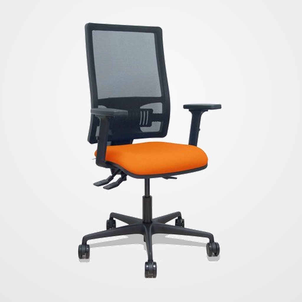 SILLA PIQUERAS Y CRESPO BORMATE BRAZOS 2D Y APOYO LUMBAR REGULABLES MECANISMO ASINCRO RUEDAS NYLON de 65 RESPALDO DE MALLA NEGRA Y ASIENTO TAPIZADO BALI NARANJA