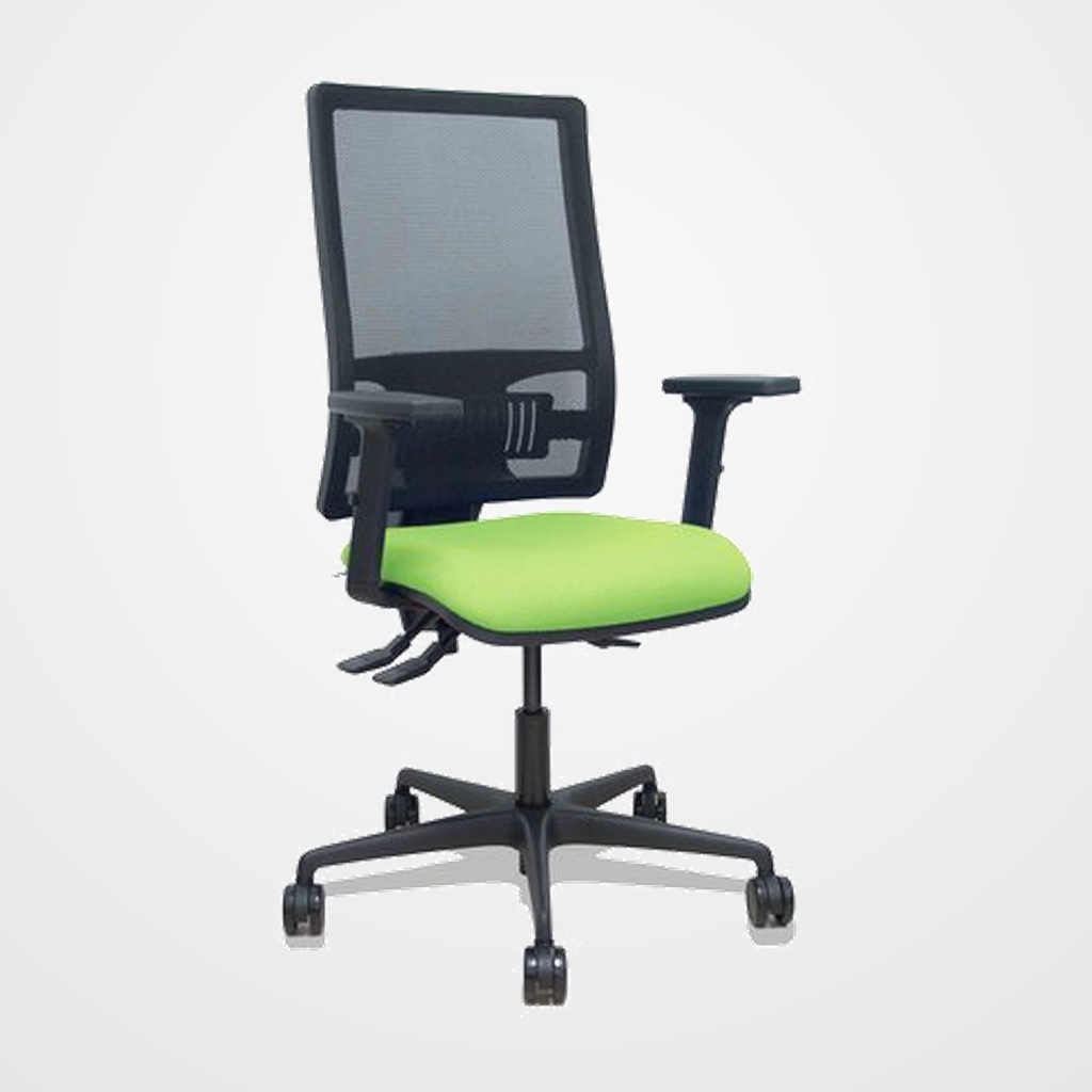 SILLA PIQUERAS Y CRESPO BORMATE BRAZOS 2D Y APOYO LUMBAR REGULABLES MECANISMO ASINCRO RUEDAS NYLON de 65 RESPALDO DE MALLA NEGRA Y ASIENTO TAPIZADO BALI PISTACHO