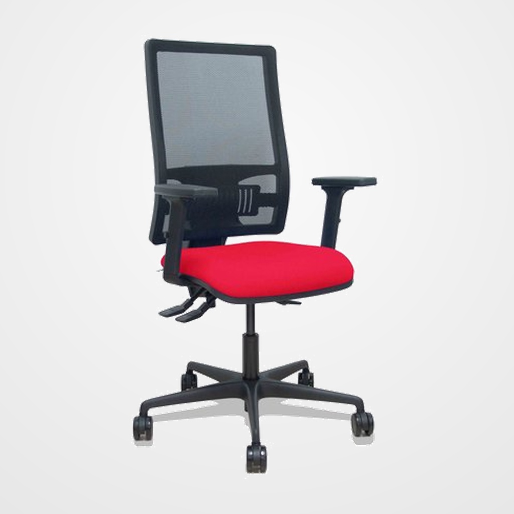 SILLA PIQUERAS Y CRESPO BORMATE BRAZOS 2D Y APOYO LUMBAR REGULABLES MECANISMO ASINCRO RUEDAS NYLON de 65 RESPALDO DE MALLA NEGRA Y ASIENTO TAPIZADO BALI ROJO