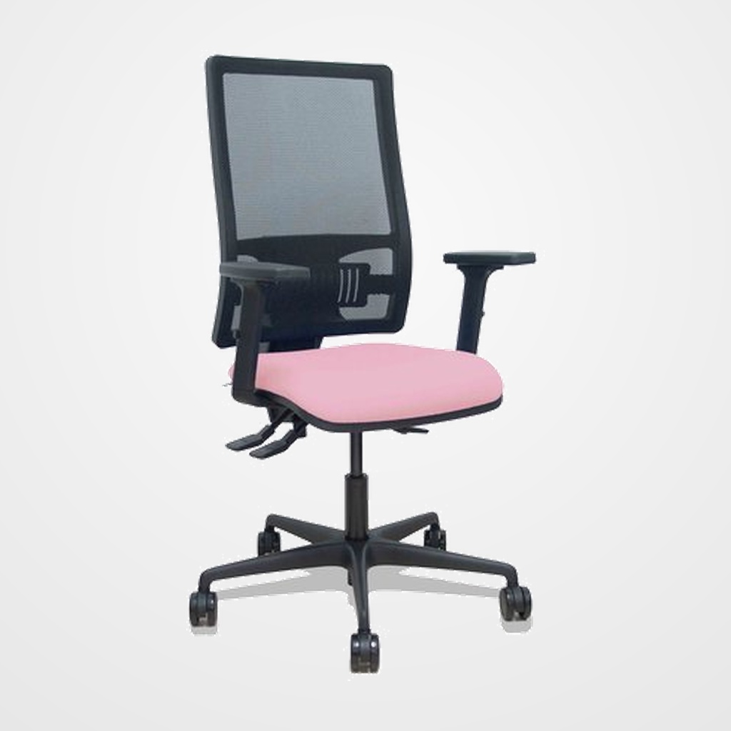SILLA PIQUERAS Y CRESPO BORMATE BRAZOS 2D Y APOYO LUMBAR REGULABLES MECANISMO ASINCRO RUEDAS NYLON de 65 RESPALDO DE MALLA NEGRA Y ASIENTO TAPIZADO BALI ROSA
