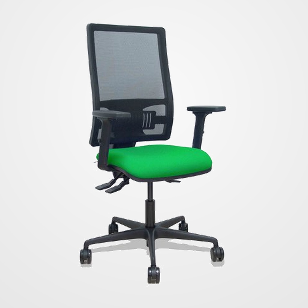 SILLA PIQUERAS Y CRESPO BORMATE BRAZOS 2D Y APOYO LUMBAR REGULABLES MECANISMO ASINCRO RUEDAS NYLON de 65 RESPALDO DE MALLA NEGRA Y ASIENTO TAPIZADO BALI VERDE