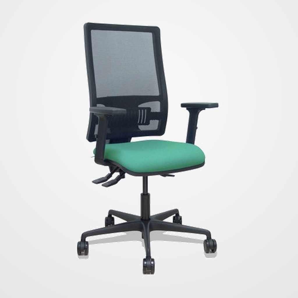 SILLA PIQUERAS Y CRESPO BORMATE BRAZOS 2D Y APOYO LUMBAR REGULABLES MECANISMO ASINCRO RUEDAS NYLON de 65 RESPALDO DE MALLA NEGRA Y ASIENTO TAPIZADO BALI VERDE ESMERALDA