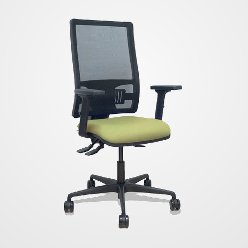 SILLA PIQUERAS Y CRESPO BORMATE BRAZOS 2D Y APOYO LUMBAR REGULABLES MECANISMO ASINCRO RUEDAS NYLON de 65 RESPALDO DE MALLA NEGRA Y ASIENTO TAPIZADO BALI VERDE OLIVA