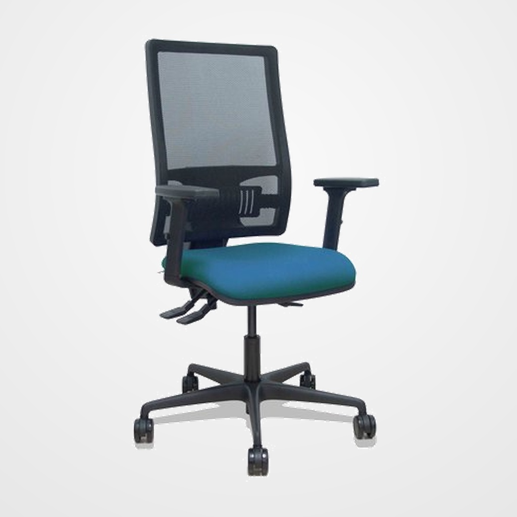 SILLA PIQUERAS Y CRESPO BORMATE BRAZOS 2D Y APOYO LUMBAR REGULABLES MECANISMO ASINCRO RUEDAS NYLON de 65 RESPALDO DE MALLA NEGRA Y ASIENTO TAPIZADO BALI VERDE PETROLEO