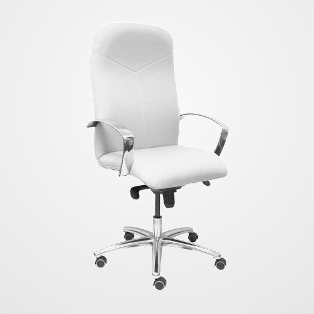 SILLA PIQUERAS Y CRESPO CAUDETE DIRECCION BRAZOS FIJOS CROMADOS MECANISMO BASCULANTE MULTIPOSICION Y ALTURA AJUSTABLE GRAN CONFORTABILIDAD RUEDAS de PARQUET ASIENTO Y RESPALDO TAPIZADO BALI BLANCO