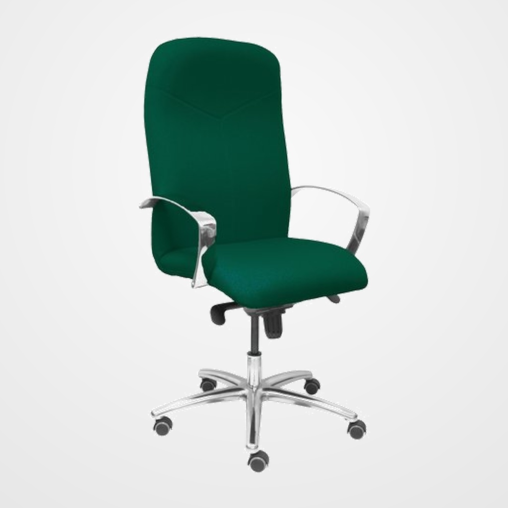 SILLA PIQUERAS Y CRESPO CAUDETE DIRECCION BRAZOS FIJOS CROMADOS MECANISMO BASCULANTE MULTIPOSICION Y ALTURA AJUSTABLE GRAN CONFORTABILIDAD RUEDAS de PARQUET ASIENTO Y RESPALDO TAPIZADO BALI VERDE BOTELLA