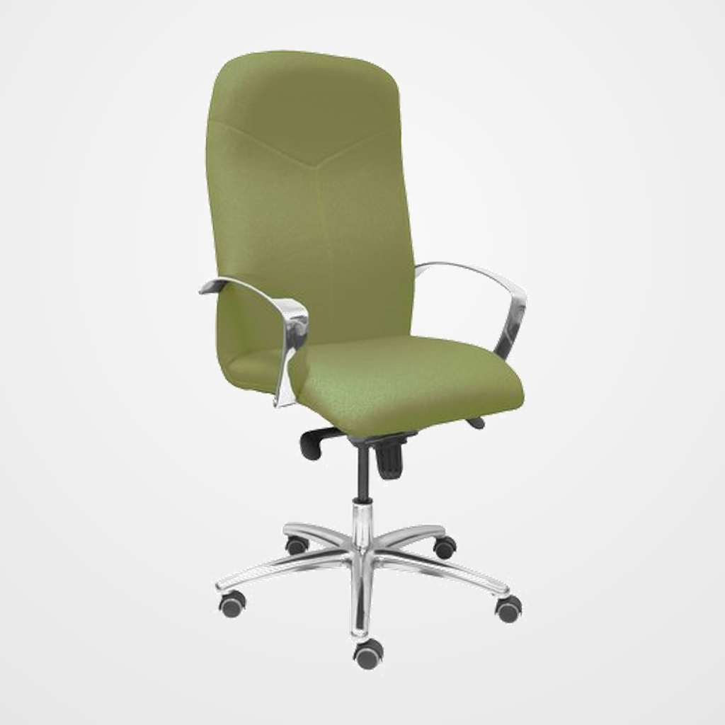 SILLA PIQUERAS Y CRESPO CAUDETE DIRECCION BRAZOS FIJOS CROMADOS MECANISMO BASCULANTE MULTIPOSICION Y ALTURA AJUSTABLE GRAN CONFORTABILIDAD RUEDAS de PARQUET ASIENTO Y RESPALDO TAPIZADO BALI VERDE OLIVA