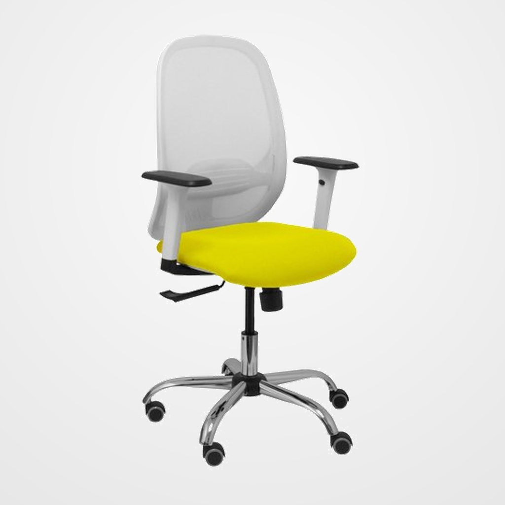 SILLA PIQUERAS Y CRESPO CILANCO BLANCA USO INTENSIVO BRAZOS REGULABLES MECANISMO SINCRO CON REGULADOR DE TENSION REFUERZO LUMBAR REGULABLE BASE CROMADA RUEDAS PARQUET RESPALDO DE MALLA BLANCA Y ASIENTO TAPIZADO BALI AMARILLO