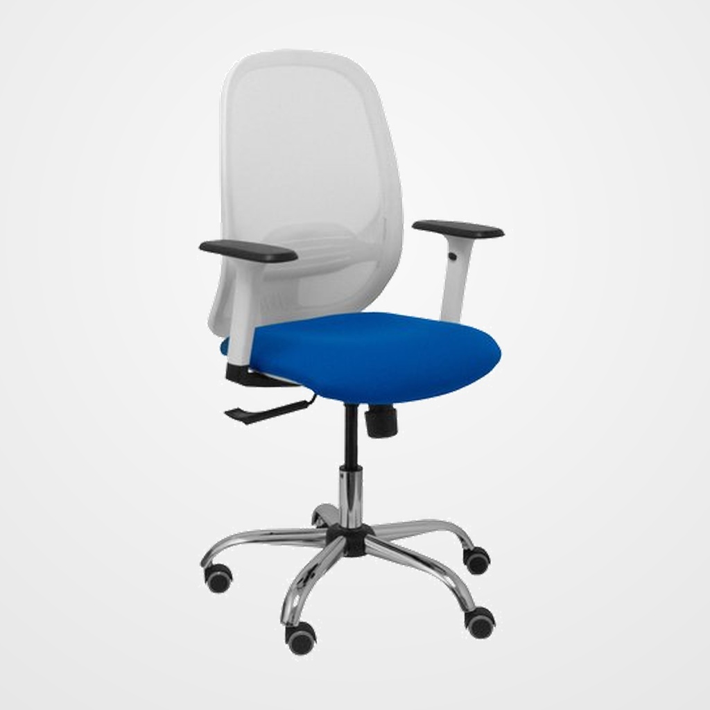 SILLA PIQUERAS Y CRESPO CILANCO BLANCA USO INTENSIVO BRAZOS REGULABLES MECANISMO SINCRO CON REGULADOR DE TENSION REFUERZO LUMBAR REGULABLE BASE CROMADA RUEDAS PARQUET RESPALDO DE MALLA BLANCA Y ASIENTO TAPIZADO BALI AZUL