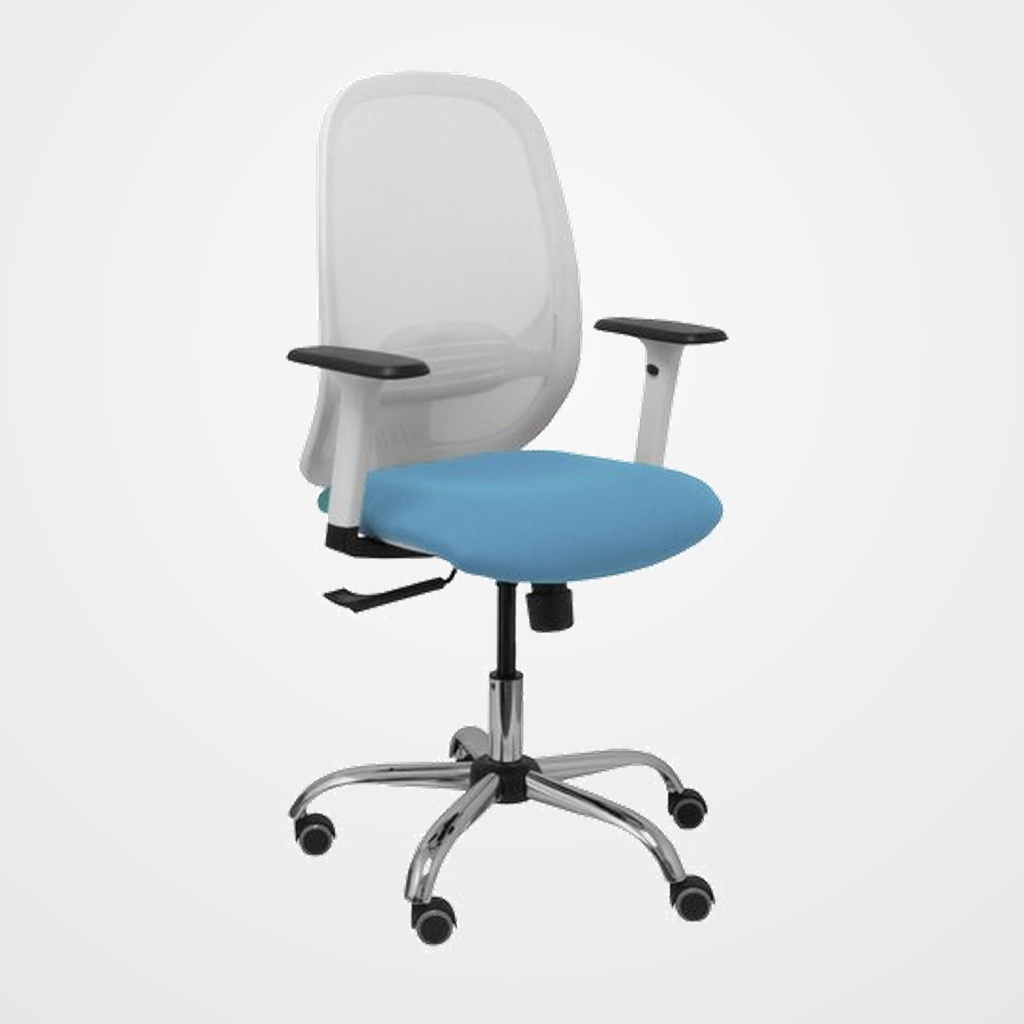 SILLA PIQUERAS Y CRESPO CILANCO BLANCA USO INTENSIVO BRAZOS REGULABLES MECANISMO SINCRO CON REGULADOR DE TENSION REFUERZO LUMBAR REGULABLE BASE CROMADA RUEDAS PARQUET RESPALDO DE MALLA BLANCA Y ASIENTO TAPIZADO BALI AZUL CIELO