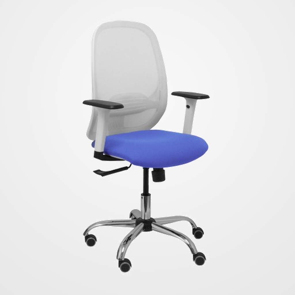 SILLA PIQUERAS Y CRESPO CILANCO BLANCA USO INTENSIVO BRAZOS REGULABLES MECANISMO SINCRO CON REGULADOR DE TENSION REFUERZO LUMBAR REGULABLE BASE CROMADA RUEDAS PARQUET RESPALDO DE MALLA BLANCA Y ASIENTO TAPIZADO BALI AZUL CLARO
