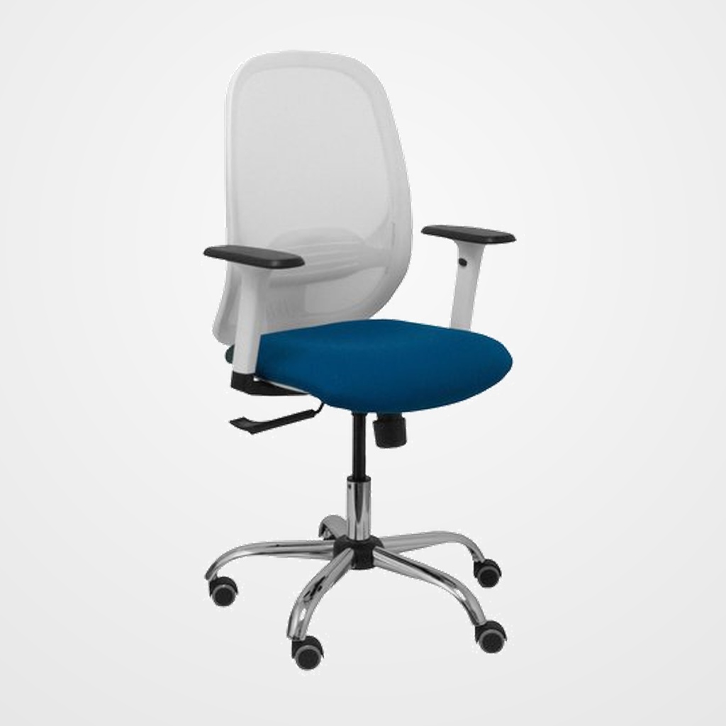 SILLA PIQUERAS Y CRESPO CILANCO BLANCA USO INTENSIVO BRAZOS REGULABLES MECANISMO SINCRO CON REGULADOR DE TENSION REFUERZO LUMBAR REGULABLE BASE CROMADA RUEDAS PARQUET RESPALDO DE MALLA BLANCA Y ASIENTO TAPIZADO BALI AZUL MARINO