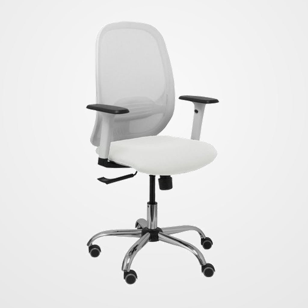 SILLA PIQUERAS Y CRESPO CILANCO BLANCA USO INTENSIVO BRAZOS REGULABLES MECANISMO SINCRO CON REGULADOR DE TENSION REFUERZO LUMBAR REGULABLE BASE CROMADA RUEDAS PARQUET RESPALDO DE MALLA BLANCA Y ASIENTO TAPIZADO BALI BLANCO
