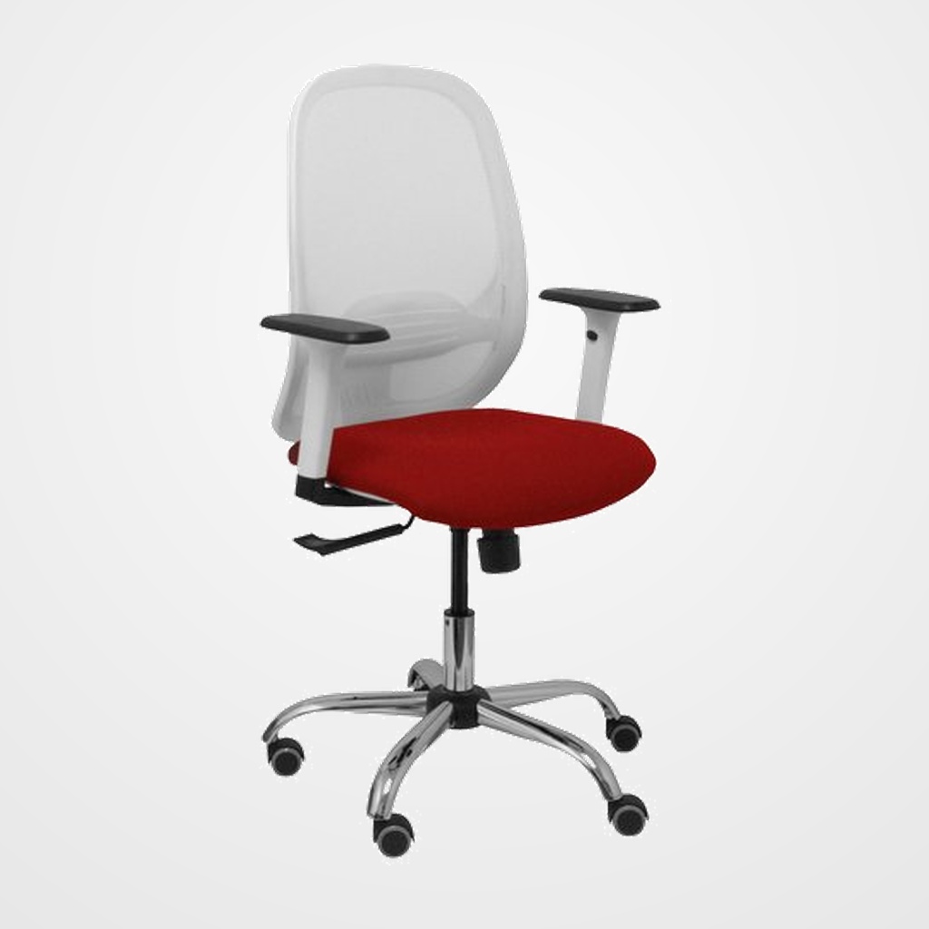 SILLA PIQUERAS Y CRESPO CILANCO BLANCA USO INTENSIVO BRAZOS REGULABLES MECANISMO SINCRO CON REGULADOR DE TENSION REFUERZO LUMBAR REGULABLE BASE CROMADA RUEDAS PARQUET RESPALDO DE MALLA BLANCA Y ASIENTO TAPIZADO BALI GRANATE