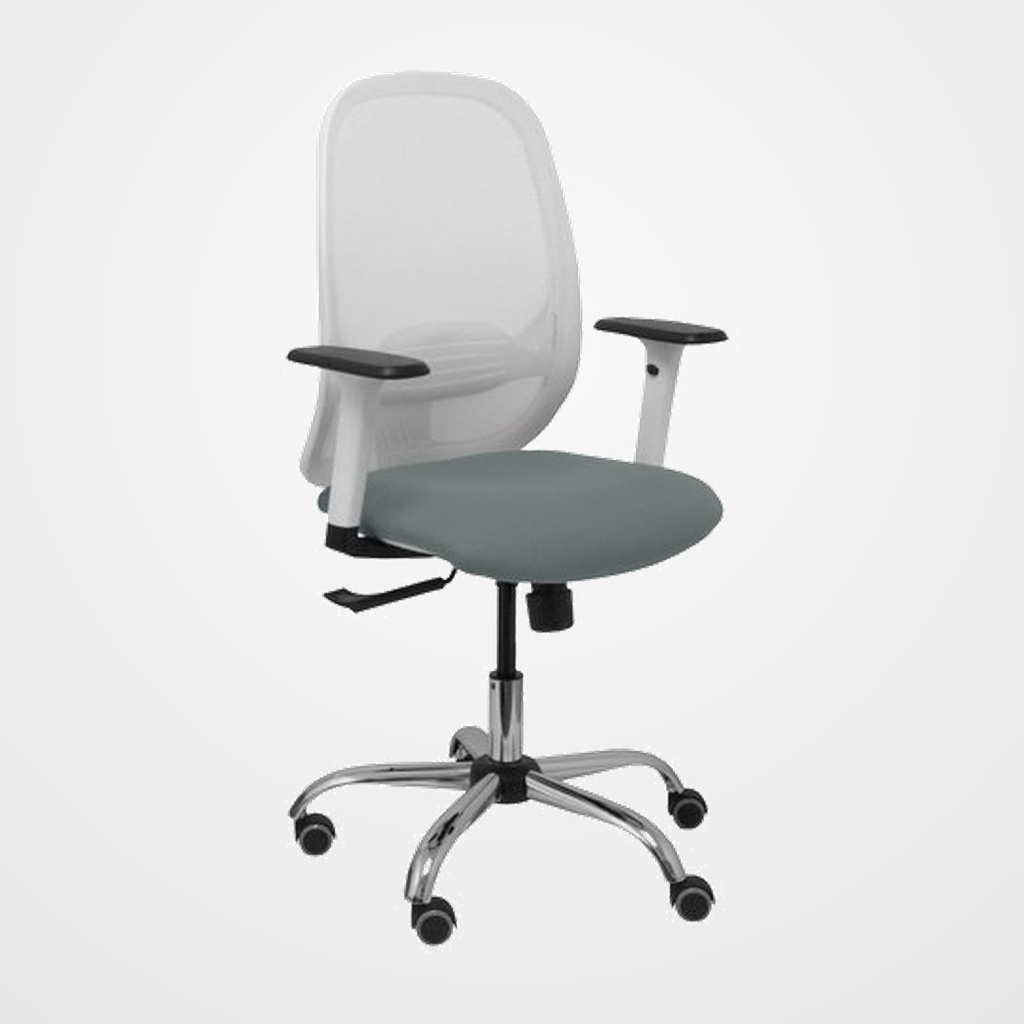SILLA PIQUERAS Y CRESPO CILANCO BLANCA USO INTENSIVO BRAZOS REGULABLES MECANISMO SINCRO CON REGULADOR DE TENSION REFUERZO LUMBAR REGULABLE BASE CROMADA RUEDAS PARQUET RESPALDO DE MALLA BLANCA Y ASIENTO TAPIZADO BALI GRIS