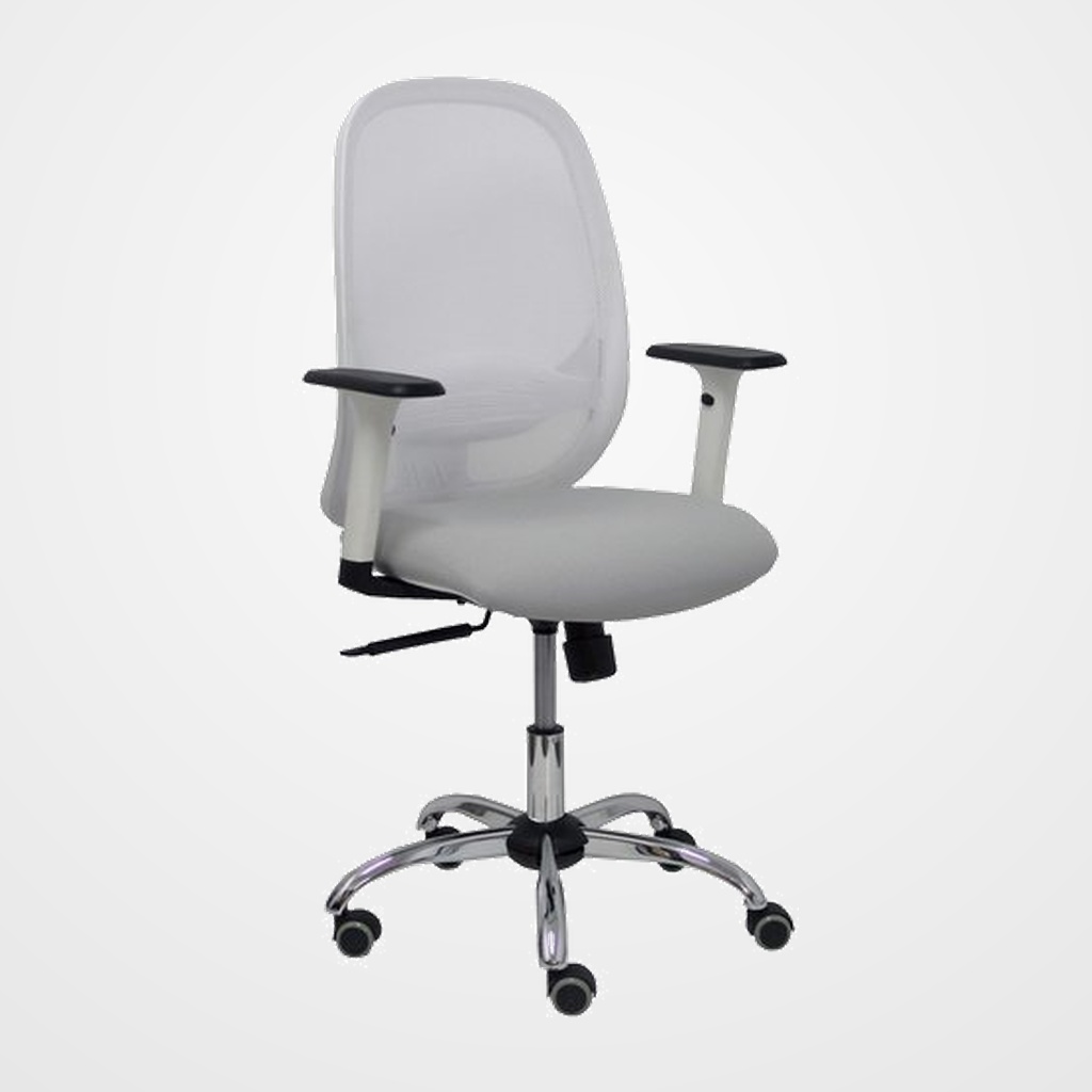 SILLA PIQUERAS Y CRESPO CILANCO BLANCA USO INTENSIVO BRAZOS REGULABLES MECANISMO SINCRO CON REGULADOR DE TENSION REFUERZO LUMBAR REGULABLE BASE CROMADA RUEDAS PARQUET RESPALDO DE MALLA BLANCA Y ASIENTO TAPIZADO BALI GRIS CLARO