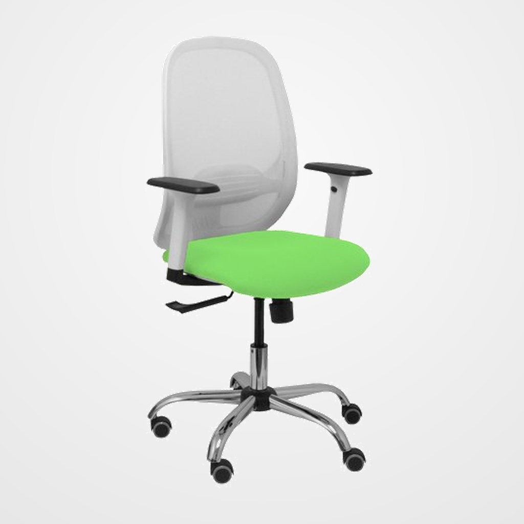 SILLA PIQUERAS Y CRESPO CILANCO BLANCA USO INTENSIVO BRAZOS REGULABLES MECANISMO SINCRO CON REGULADOR DE TENSION REFUERZO LUMBAR REGULABLE BASE CROMADA RUEDAS PARQUET RESPALDO DE MALLA BLANCA Y ASIENTO TAPIZADO BALI PISTACHO