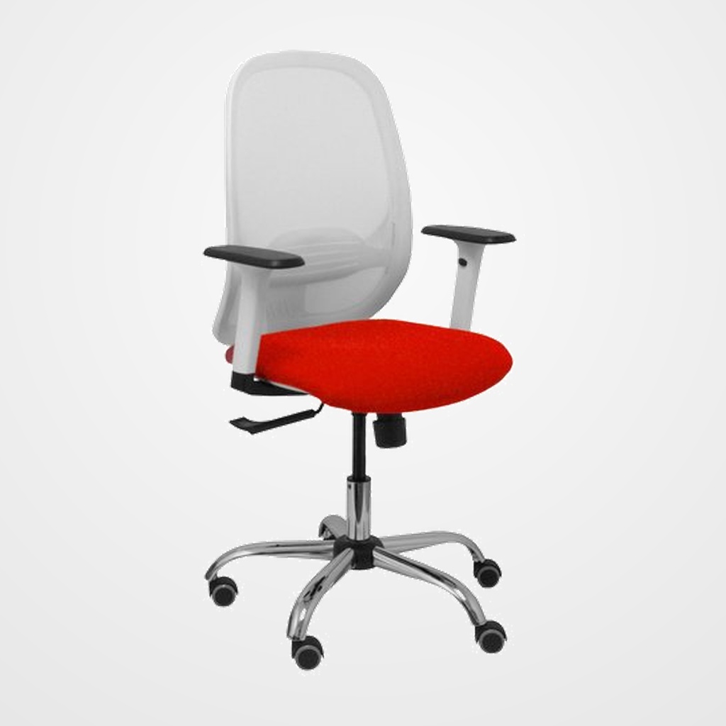 SILLA PIQUERAS Y CRESPO CILANCO BLANCA USO INTENSIVO BRAZOS REGULABLES MECANISMO SINCRO CON REGULADOR DE TENSION REFUERZO LUMBAR REGULABLE BASE CROMADA RUEDAS PARQUET RESPALDO DE MALLA BLANCA Y ASIENTO TAPIZADO BALI ROJO