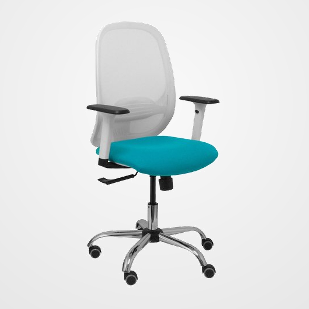 SILLA PIQUERAS Y CRESPO CILANCO BLANCA USO INTENSIVO BRAZOS REGULABLES MECANISMO SINCRO CON REGULADOR DE TENSION REFUERZO LUMBAR REGULABLE BASE CROMADA RUEDAS PARQUET RESPALDO DE MALLA BLANCA Y ASIENTO TAPIZADO BALI TURQUESA