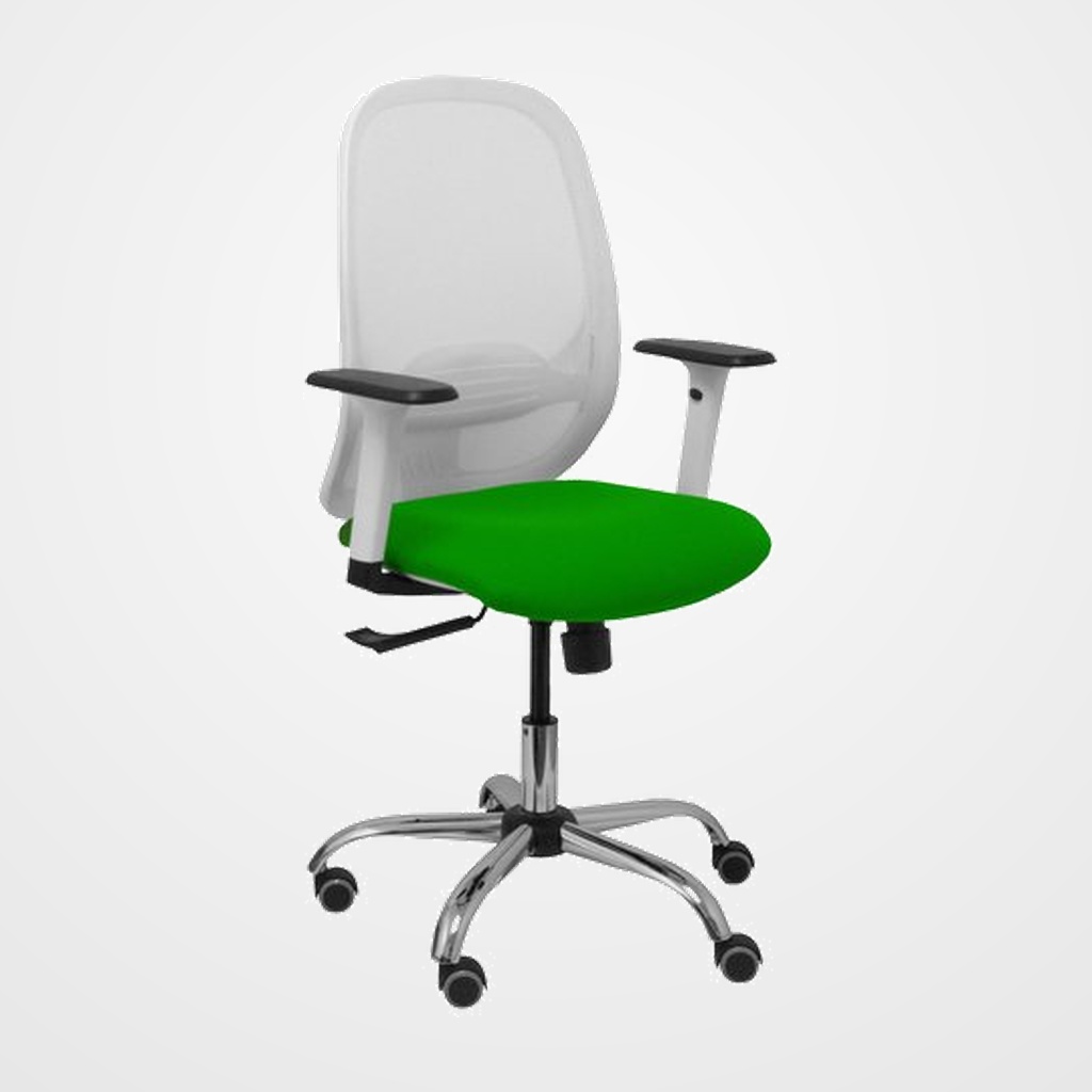 SILLA PIQUERAS Y CRESPO CILANCO BLANCA USO INTENSIVO BRAZOS REGULABLES MECANISMO SINCRO CON REGULADOR DE TENSION REFUERZO LUMBAR REGULABLE BASE CROMADA RUEDAS PARQUET RESPALDO DE MALLA BLANCA Y ASIENTO TAPIZADO BALI VERDE