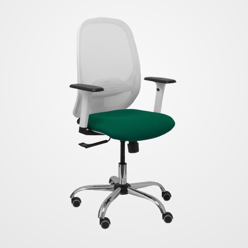 SILLA PIQUERAS Y CRESPO CILANCO BLANCA USO INTENSIVO BRAZOS REGULABLES MECANISMO SINCRO CON REGULADOR DE TENSION REFUERZO LUMBAR REGULABLE BASE CROMADA RUEDAS PARQUET RESPALDO DE MALLA BLANCA Y ASIENTO TAPIZADO BALI VERDE BOTELLA