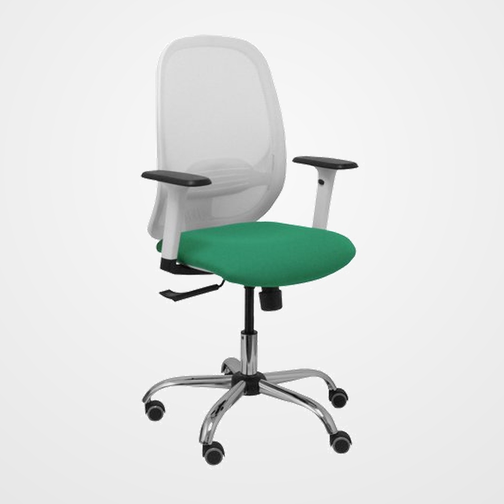 SILLA PIQUERAS Y CRESPO CILANCO BLANCA USO INTENSIVO BRAZOS REGULABLES MECANISMO SINCRO CON REGULADOR DE TENSION REFUERZO LUMBAR REGULABLE BASE CROMADA RUEDAS PARQUET RESPALDO DE MALLA BLANCA Y ASIENTO TAPIZADO BALI VERDE ESMERALDA