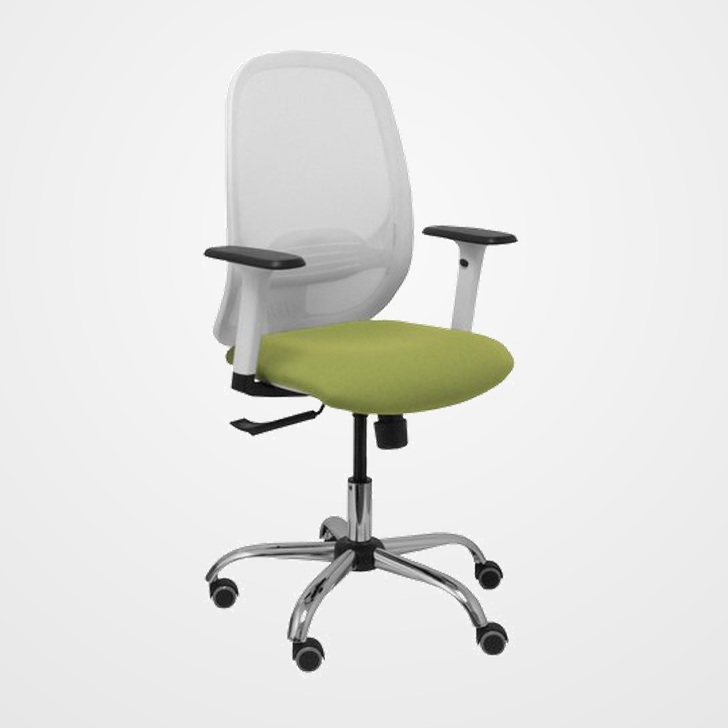 SILLA PIQUERAS Y CRESPO CILANCO BLANCA USO INTENSIVO BRAZOS REGULABLES MECANISMO SINCRO CON REGULADOR DE TENSION REFUERZO LUMBAR REGULABLE BASE CROMADA RUEDAS PARQUET RESPALDO DE MALLA BLANCA Y ASIENTO TAPIZADO BALI VERDE OLIVA