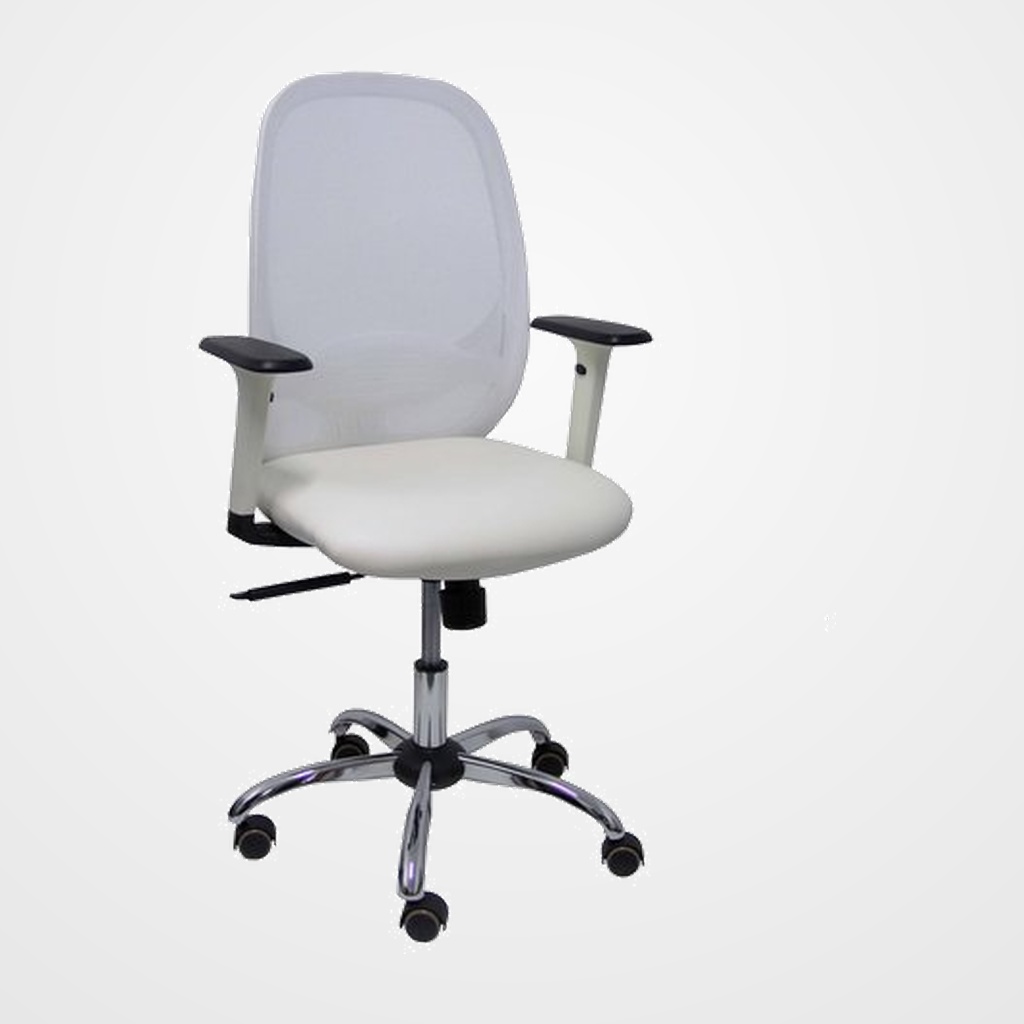 SILLA PIQUERAS Y CRESPO CILANCO BLANCA USO INTENSIVO BRAZOS REGULABLES MECANISMO SINCRO CON REGULADOR DE TENSION REFUERZO LUMBAR REGULABLE BASE CROMADA RUEDAS PARQUET RESPALDO DE MALLA BLANCA Y ASIENTO TAPIZADO SIMILPIEL BLANCO