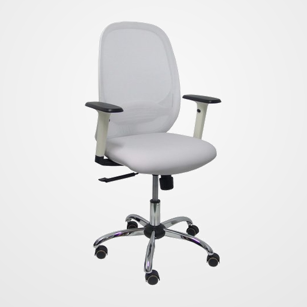 SILLA PIQUERAS Y CRESPO CILANCO BLANCA USO INTENSIVO BRAZOS REGULABLES MECANISMO SINCRO CON REGULADOR DE TENSION REFUERZO LUMBAR REGULABLE BASE CROMADA RUEDAS PARQUET RESPALDO DE MALLA BLANCA Y ASIENTO TAPIZADO SIMILPIEL GRIS CLARO