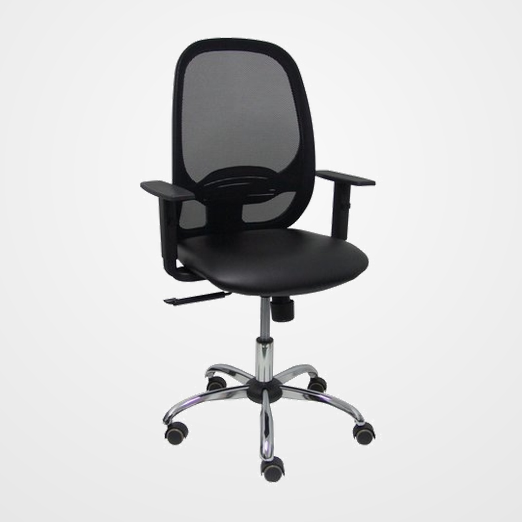 SILLA PIQUERAS Y CRESPO CILANCO NEGRA USO INTENSIVO BRAZOS REGULABLES MECANISMO SINCRO CON REGULADOR DE TENSION REFUERZO LUMBAR REGULABLE RUEDAS PARQUET BASE CROMADA RESPALDO DE MALLA NEGRA Y ASIENTO TAPIZADO SIMILPIEL NEGRO