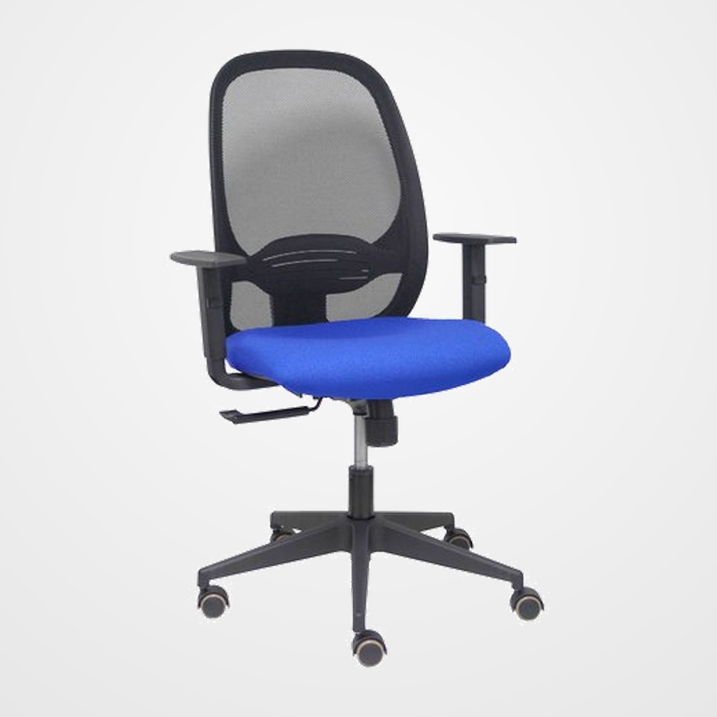 SILLA PIQUERAS Y CRESPO CILANCO NEGRA USO INTENSIVO BRAZOS REGULABLES MECANISMO SINCRO CON REGULADOR DE TENSION REFUERZO LUMBAR REGULABLE RUEDAS PARQUET RESPALDO DE MALLA NEGRA Y ASIENTO TAPIZADO BALI AZUL