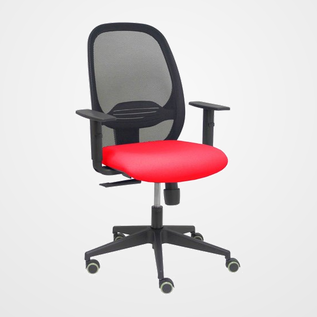 SILLA PIQUERAS Y CRESPO CILANCO NEGRA USO INTENSIVO BRAZOS REGULABLES MECANISMO SINCRO CON REGULADOR DE TENSION REFUERZO LUMBAR REGULABLE RUEDAS PARQUET RESPALDO DE MALLA NEGRA Y ASIENTO TAPIZADO BALI ROJO