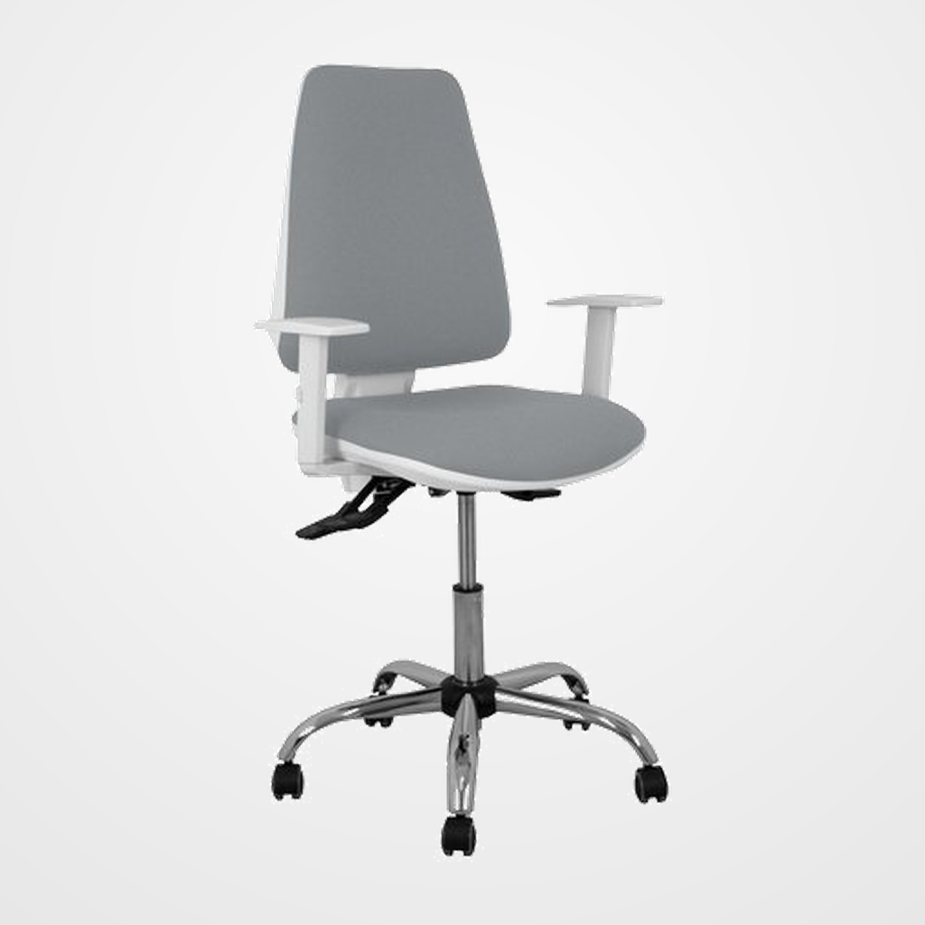 SILLA PIQUERAS Y CRESPO ELCHE BLANCA BRAZOS REGULABLES MECANISMO ASINCRO REGULABLE EN ALTURA BASE METALICA RUEDAS PARQUET ASIENTO Y RESPALDO TAPIZADO BALI GRIS