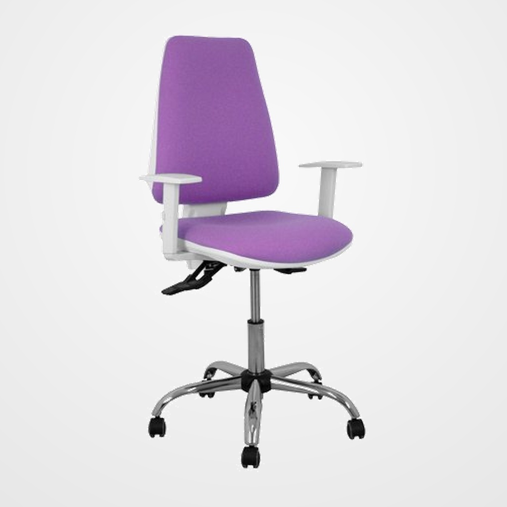 SILLA PIQUERAS Y CRESPO ELCHE BLANCA BRAZOS REGULABLES MECANISMO ASINCRO REGULABLE EN ALTURA BASE METALICA RUEDAS PARQUET ASIENTO Y RESPALDO TAPIZADO BALI LILA