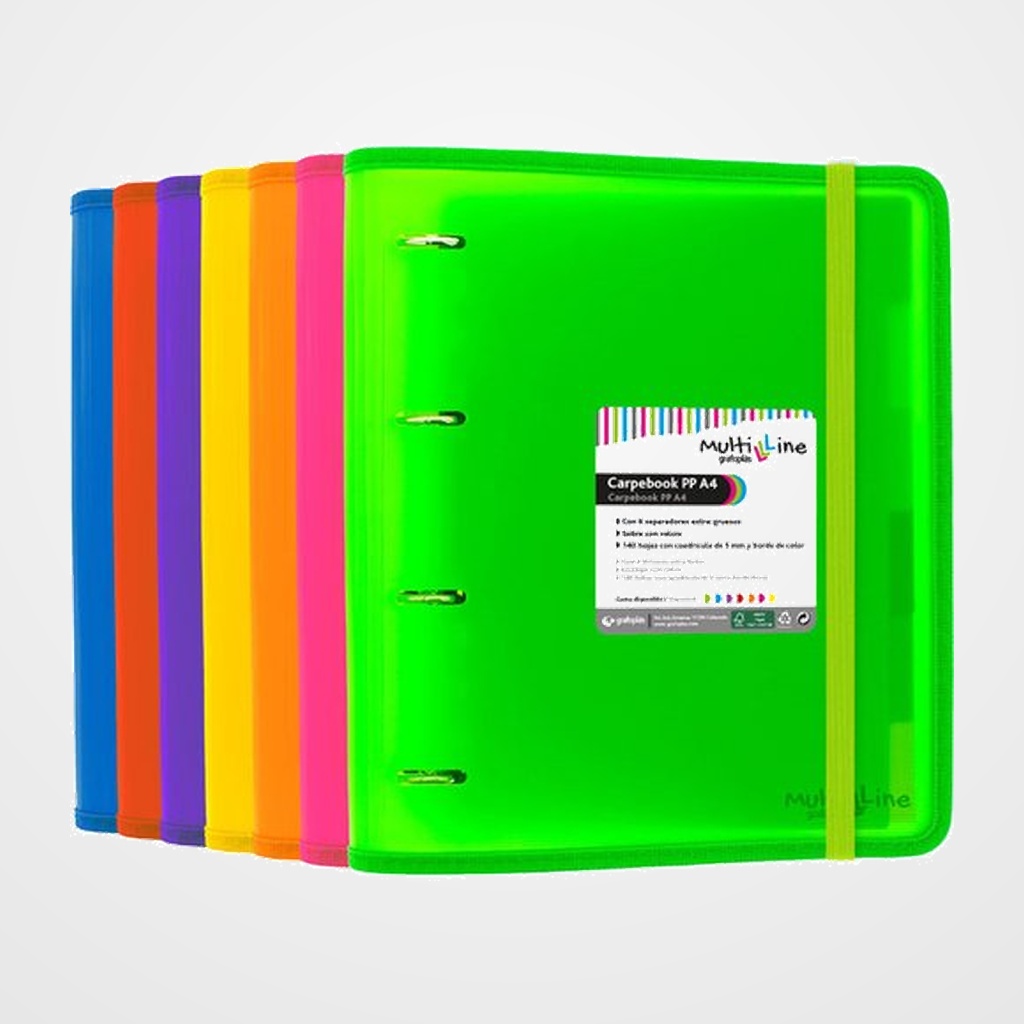 CARPEBOOK MULTILINE P.P A4 4an.35mm VERDE con recambio, sobre velcro y 6 separadores extra gruesos.