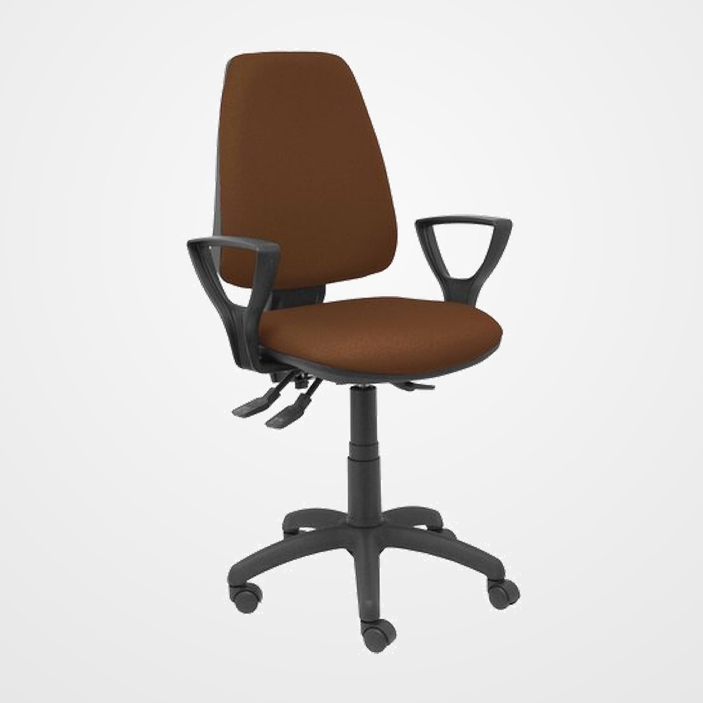 SILLA PIQUERAS Y CRESPO ELCHE S BRAZOS FIJOS MECANISMO ASINCRO de DOBLE MANETA GRAN CONFORTABILIDAD REGULABLE EN ALTURA RUEDAS NYLON ASIENTO Y RESPALDO TAPIZADO BALI  MARRON OSCURO