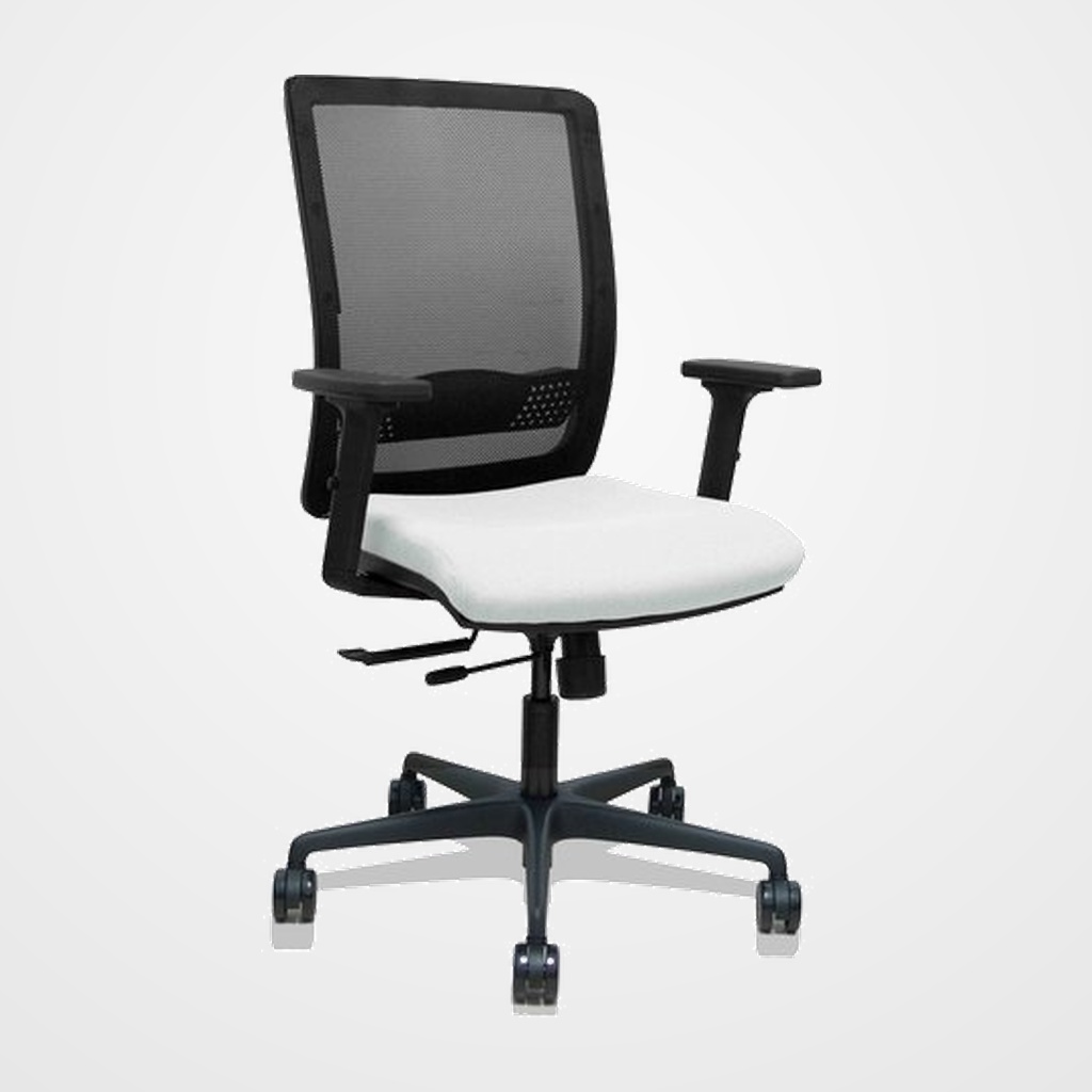 SILLA PIQUERAS Y CRESPO HACHES BRAZOS 2D REGULABLES MECANISMO SINCRO con TRASLACK APOYO LUMBAR RESPALDO MALLA NEGRA Y ASIENTO TAPIZADO BALI BLANCO