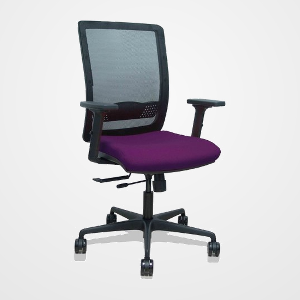 SILLA PIQUERAS Y CRESPO HACHES BRAZOS 2D REGULABLES MECANISMO SINCRO con TRASLACK APOYO LUMBAR RESPALDO MALLA NEGRA Y ASIENTO TAPIZADO BALI MORADO
