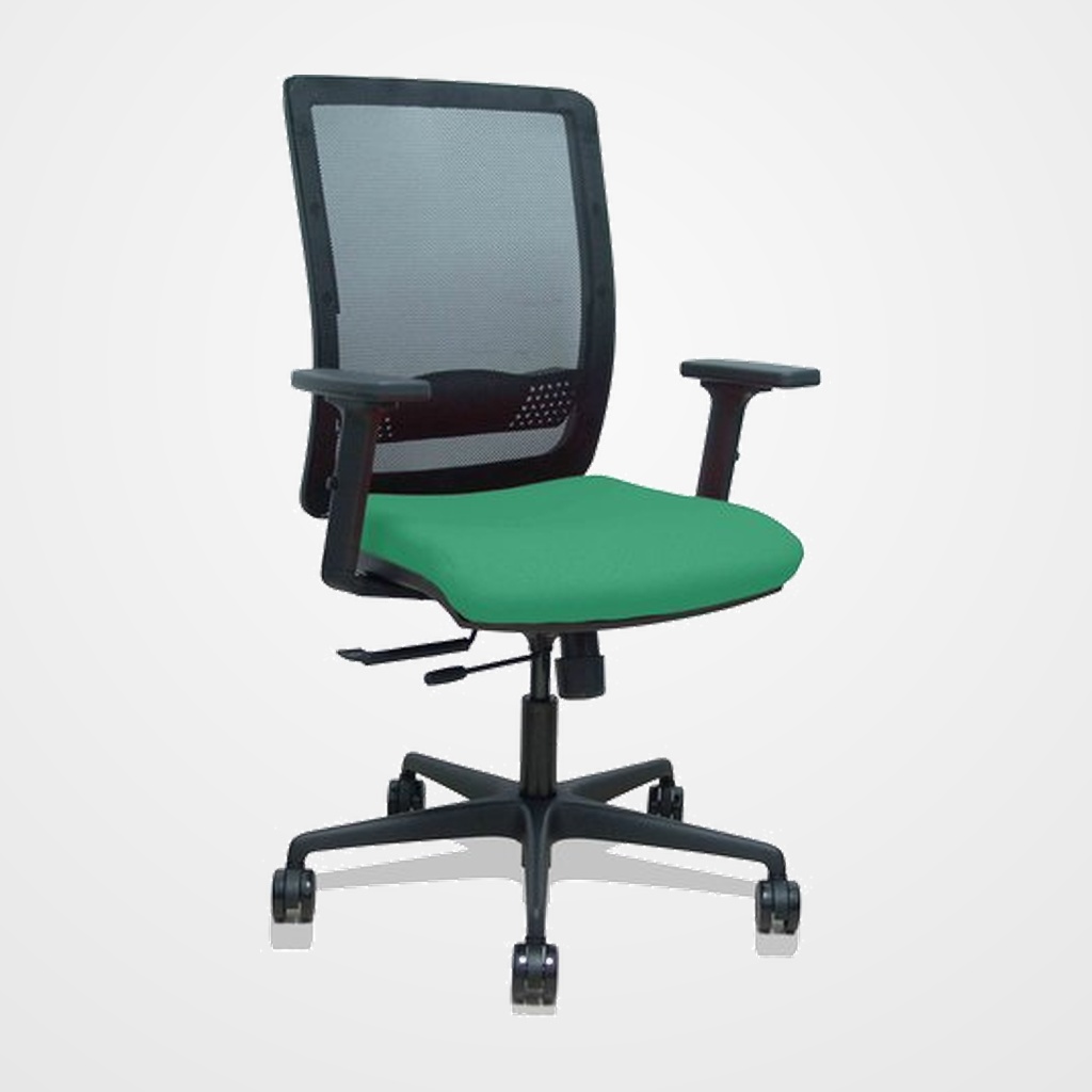 SILLA PIQUERAS Y CRESPO HACHES BRAZOS 2D REGULABLES MECANISMO SINCRO con TRASLACK APOYO LUMBAR RESPALDO MALLA NEGRA Y ASIENTO TAPIZADO BALI VERDE ESMERALDA