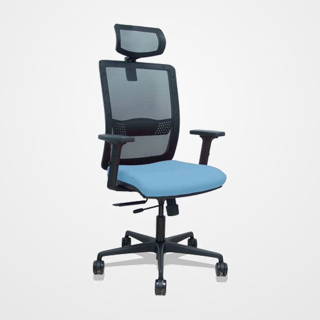 SILLA PIQUERAS Y CRESPO HACHES BRAZOS 2D Y CABECERO REGULABLES MECANISMO SINCRO con TRASLACK APOYO LUMBAR RESPALDO MALLA NEGRA Y ASIENTO TAPIZADO BALI AZUL CIELO