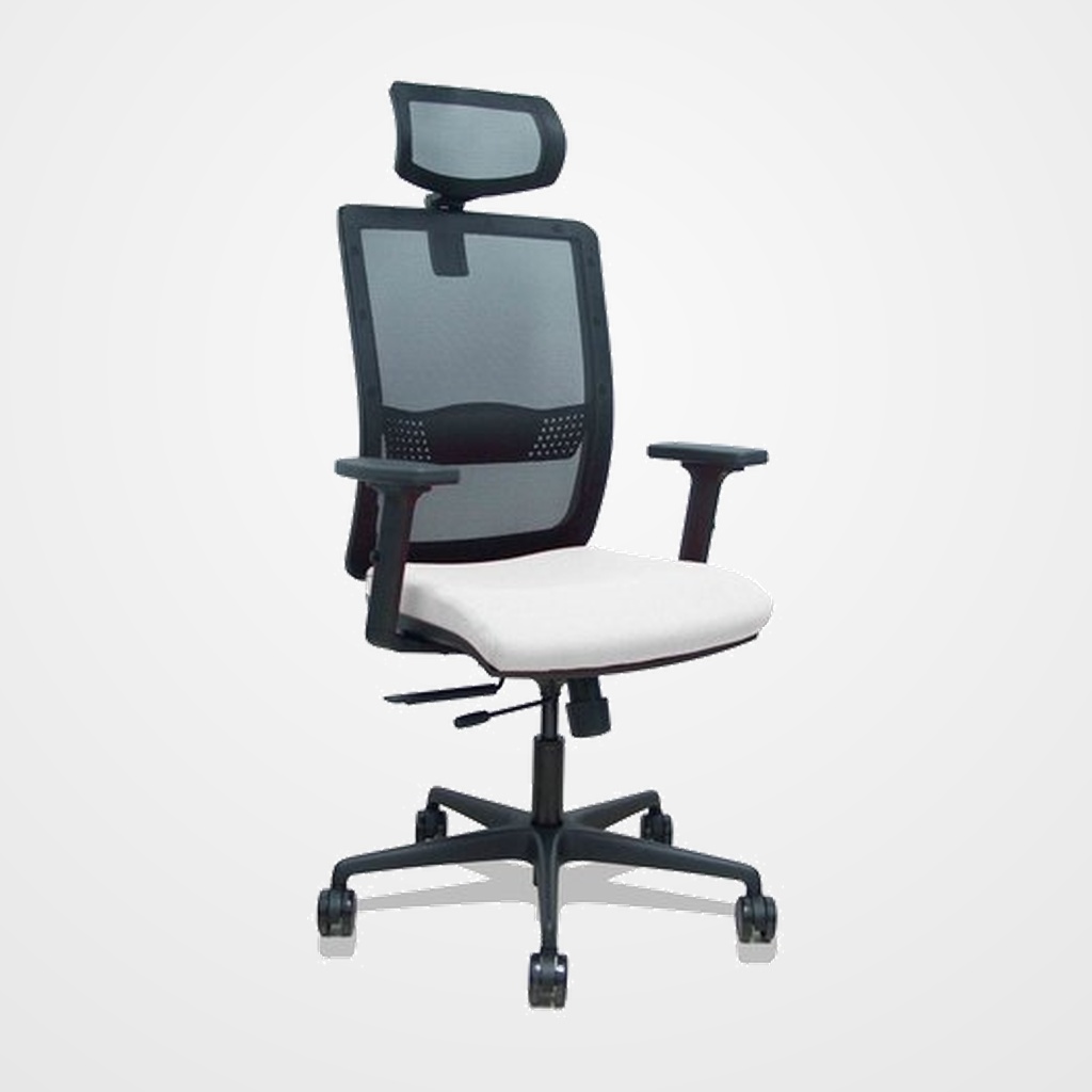 SILLA PIQUERAS Y CRESPO HACHES BRAZOS 2D Y CABECERO REGULABLES MECANISMO SINCRO con TRASLACK APOYO LUMBAR RESPALDO MALLA NEGRA Y ASIENTO TAPIZADO BALI BLANCO