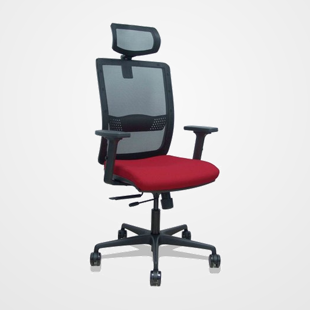 SILLA PIQUERAS Y CRESPO HACHES BRAZOS 2D Y CABECERO REGULABLES MECANISMO SINCRO con TRASLACK APOYO LUMBAR RESPALDO MALLA NEGRA Y ASIENTO TAPIZADO BALI GRANATE