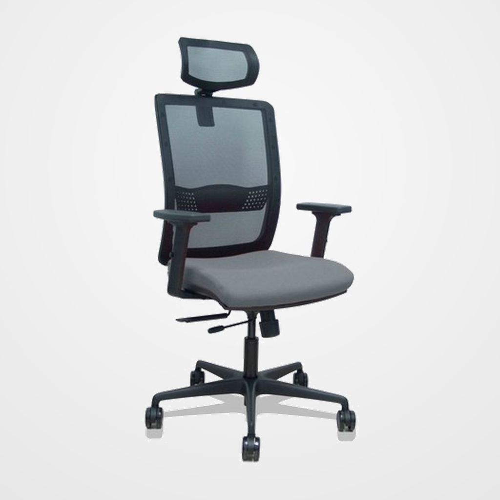 SILLA PIQUERAS Y CRESPO HACHES BRAZOS 2D Y CABECERO REGULABLES MECANISMO SINCRO con TRASLACK APOYO LUMBAR RESPALDO MALLA NEGRA Y ASIENTO TAPIZADO BALI GRIS