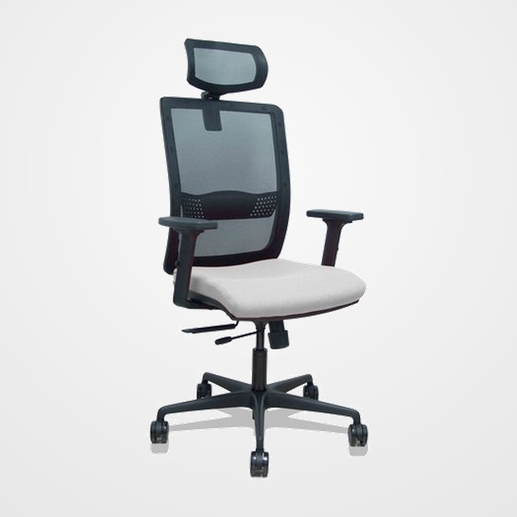 SILLA PIQUERAS Y CRESPO HACHES BRAZOS 2D Y CABECERO REGULABLES MECANISMO SINCRO con TRASLACK APOYO LUMBAR RESPALDO MALLA NEGRA Y ASIENTO TAPIZADO BALI GRIS CLARO